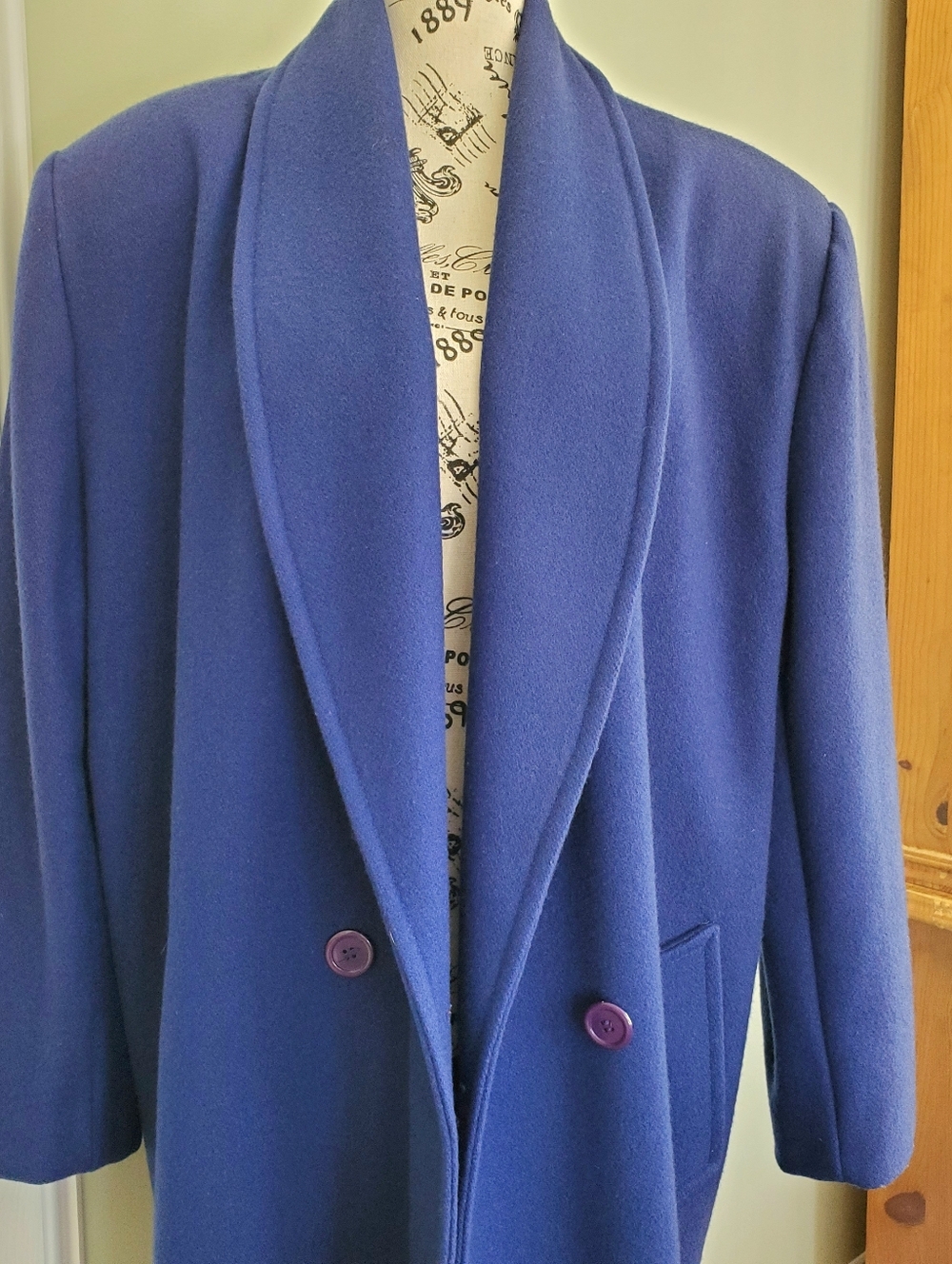 Vintage 80s Colbalt Blue 100% Wool Long Coat, Full Length Overcoat Made In USA - Picture 2 of 15